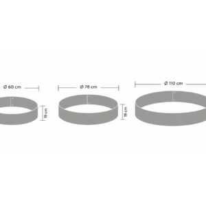 Mått på trädring – 60, 78 och 110 cm i diameter och 19 cm hög