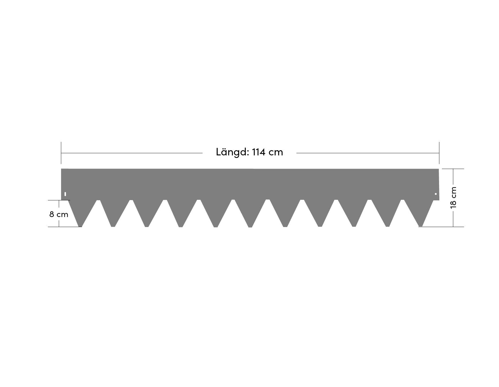 Mått på rabattkant – 114 cm lång och 18 cm hög
